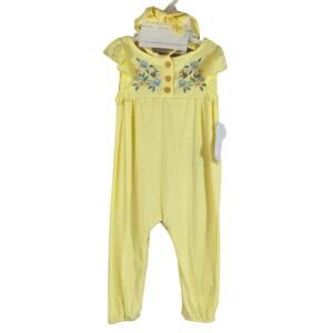 L Tahari Baby Girl Yellow Floral Bee Embroidered Jumpsuit w/Headband NWT 6-9M